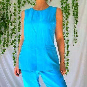 Vintage bright blue silk 2 piece set pantsuit